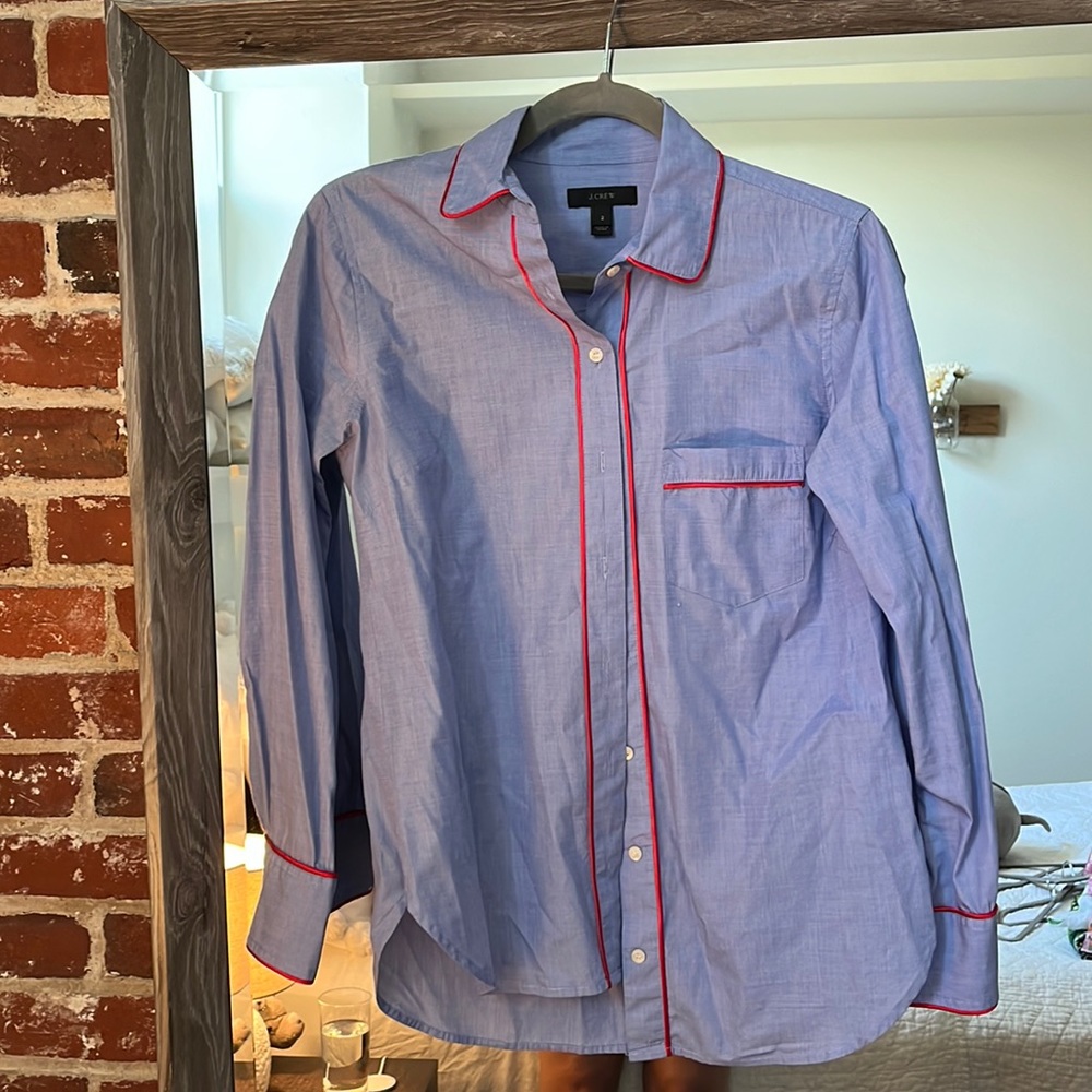 Blue J Crew Button Down Shirt with Red Piping